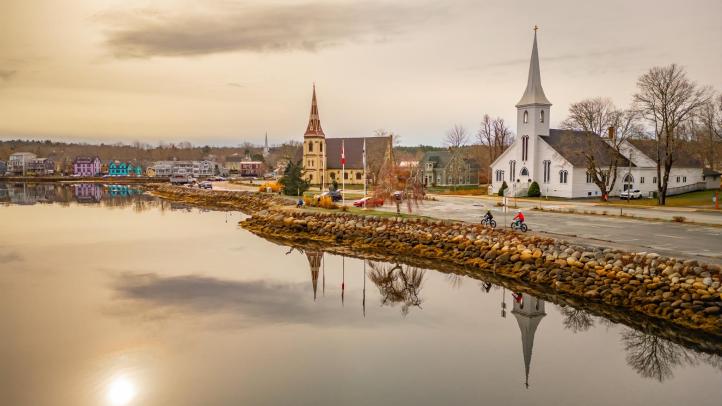 The view of the churches in Mahone Bay. 