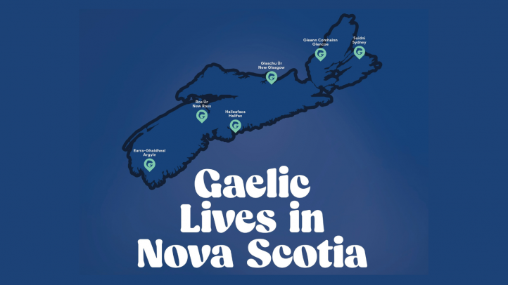 Blue graphic with a map of Nova Scotia