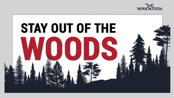 A graphic that says, "Stay Out Of The Woods" 