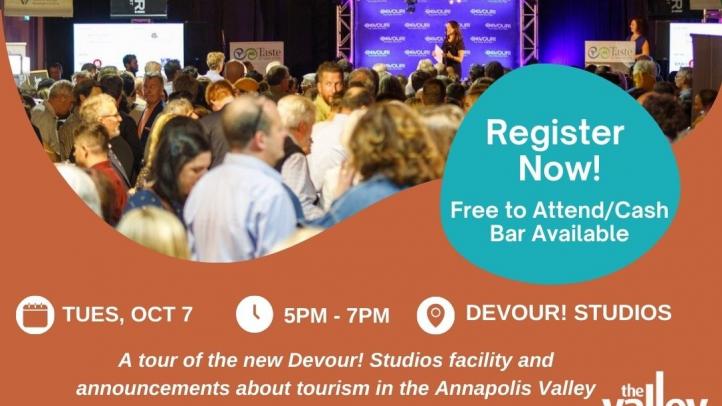 Graphic advertising the tourism networking event at Devour! Studios