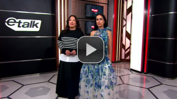 Image of a segment of the TV program E-talk with two presenters on stage.  