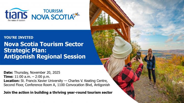 A white and blue logo invitation with two people taking a picture during the Fall