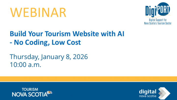 Presentation slide offering a webinar about how to Build Your Tourism Website with AI - No Coding, Low Cost -- January 8, 2026, 10:00 am. 