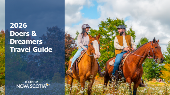 Doers and Dreamers guide 2026. Two people on horseback in a field. 