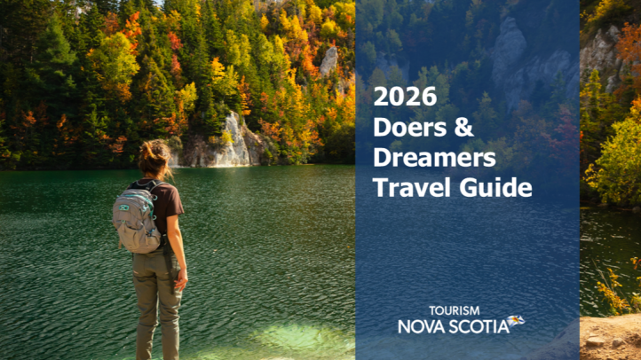 A person stands on the beach looking at a waterfall in Cheticamp. 