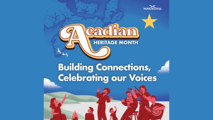 A graphic celebrating Acadian Heritage Month. The graphic is blue, red and white, has the Acadian star and shows cartoon images of people playing musical instruments. 