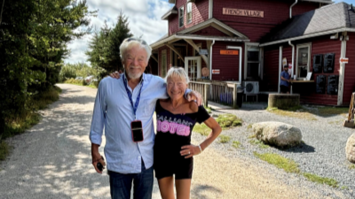 International travel writer Beate Kuhn-Delestre and companion outside the Bike and Bean in Tantallon, N.S. 