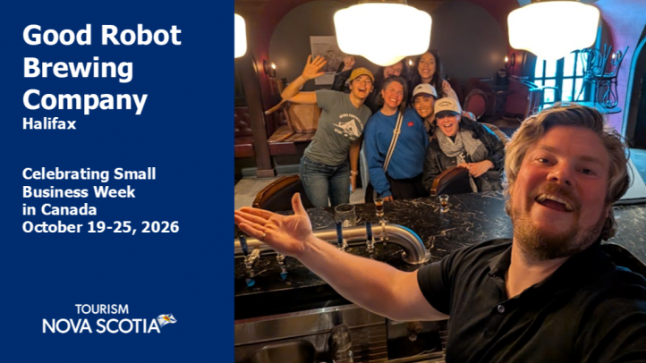 Inside Good Robot Brewing with co-founder, Joshua Counsil and friends in the background. 