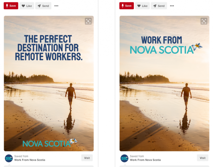 Pinterest pin from Work from Nova Scotia shows woman walking along the beach. Text reads The perfect destination for remote workers.
