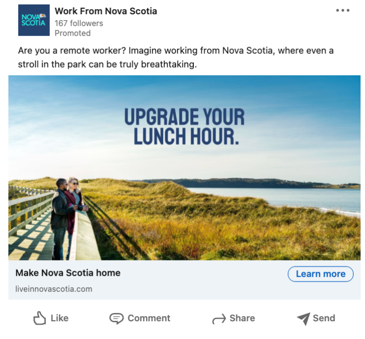 Social Media post from Work From Nova Scotia shows people walking on a boardwalk along the ocean. Text reads: Upgrade Your Lunch Hour.