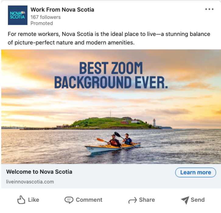 Social Media post from Work From Nova Scotia shows two people kayaking in front of Georges Island. Text reads: Best Zoom Background Ever.
