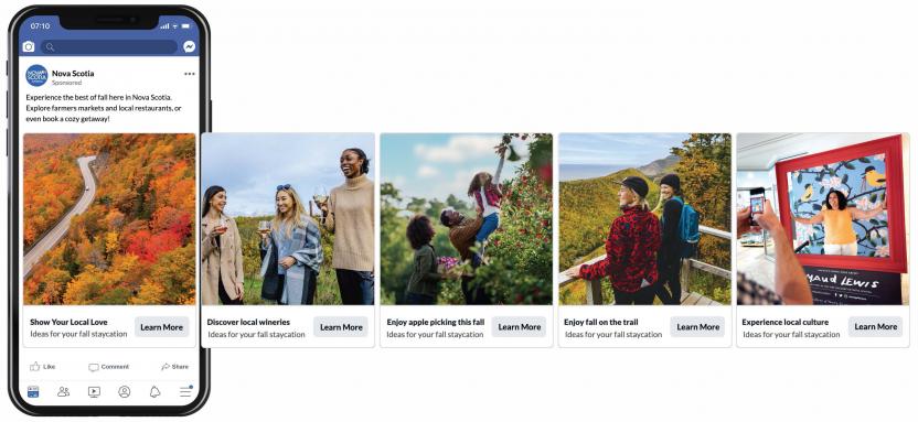 Example of a carousel ad for social media. An ad on a mobile phone with images expanding out of the phone to show the full carousel. Images include vibrant foliage on the Cabot Trail, a family walking together, a family picking apples, two people at a look off and a person standing in a Maud Lewis photo booth.