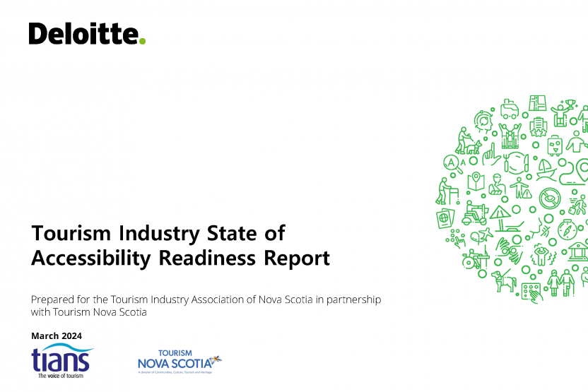 A report cover for the Tourism Industry State of Accessibility Readiness Report. There is a collage of tourims-related icons in green on the right side of the image.