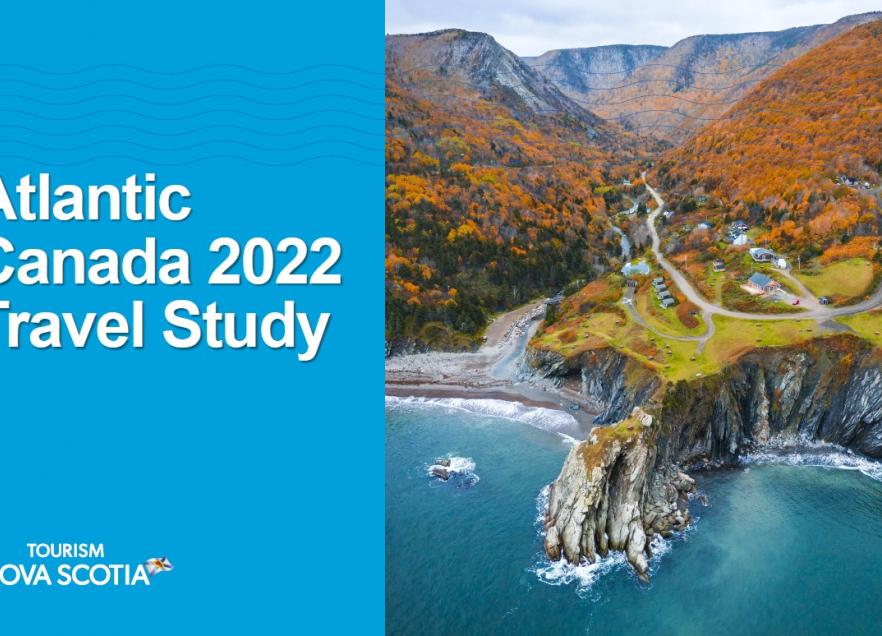Blue background with title: Atlantic Canada 2022 Travel Study. On the right is an image of the Meat Cove campground in fall.