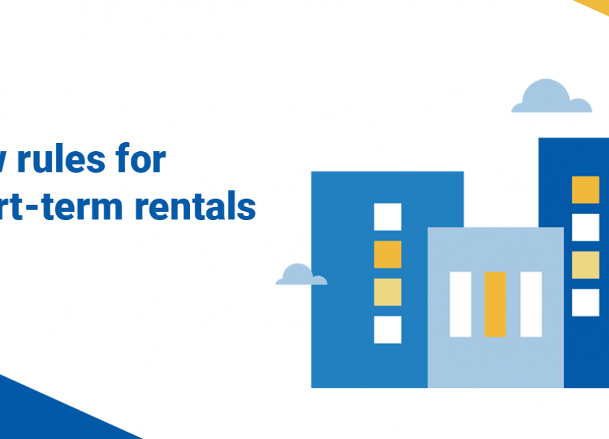 New Rules for Short-term Rentals. Icons of three buildings.
