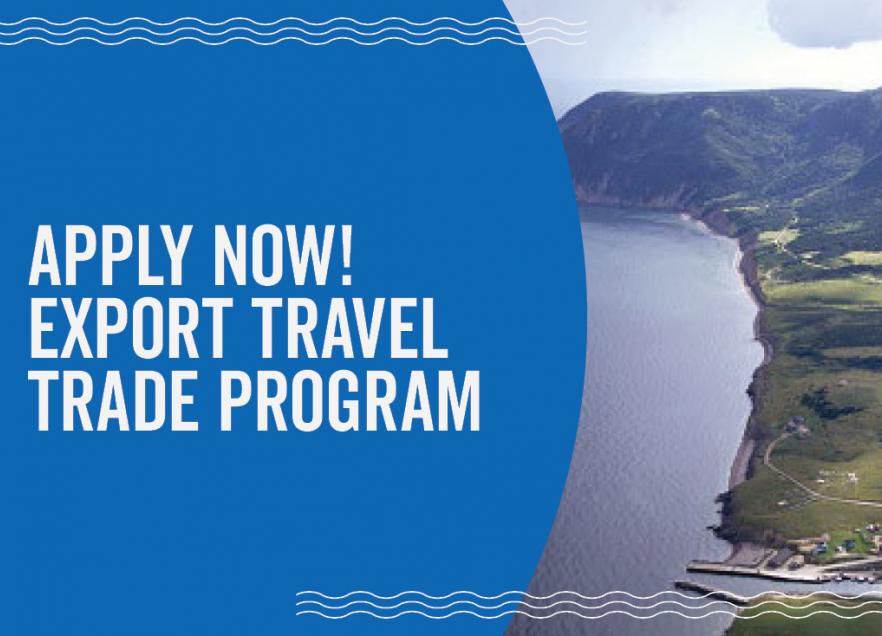 Apply Now! Export Travel Trade Program. Image of Cape Breton Highlands overlooking the ocean.