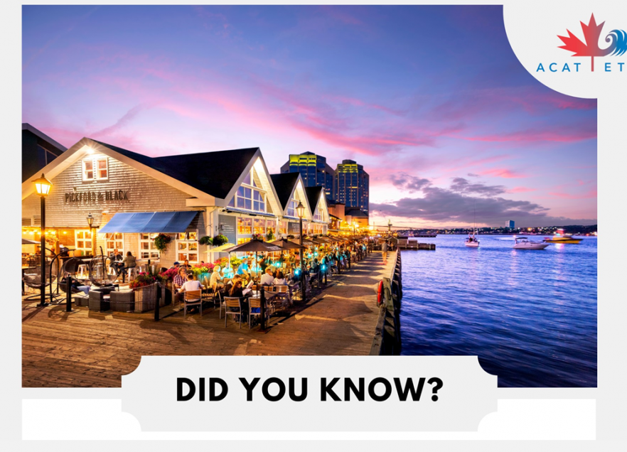 A slide with a photo of the Halifax waterfront at night with a restaurant patio with people at tables in the foreground and the harbour and the dusk sky in the background. On the slide there is text that says 'Did You Know?' The Atlantic Canada Agreement on Tourism (ACAT) has been operational and driving marketing for Atlantic Canada for over 30 years.