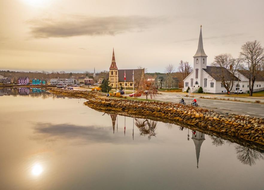 The view of the churches in Mahone Bay. 