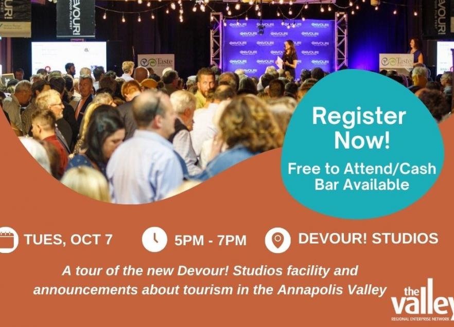 Graphic advertising the tourism networking event at Devour! Studios