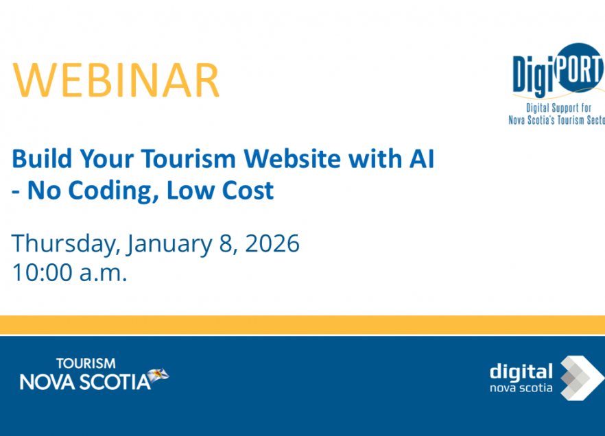 Presentation slide offering a webinar about how to Build Your Tourism Website with AI - No Coding, Low Cost -- January 8, 2026, 10:00 am. 