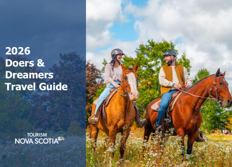 Doers and Dreamers guide 2026. Two people on horseback in a field. 