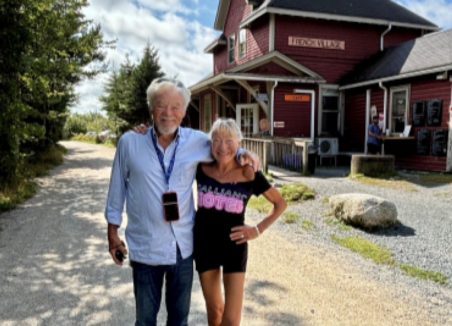 International travel writer Beate Kuhn-Delestre and companion outside the Bike and Bean in Tantallon, N.S. 