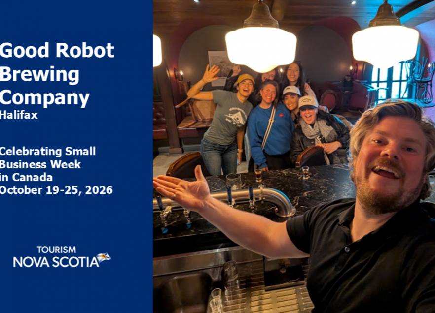 Inside Good Robot Brewing with co-founder, Joshua Counsil and friends in the background. 