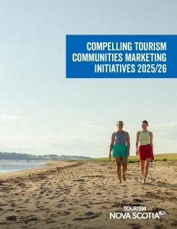 Two people walking down a beach with a text block above them that reads "Compelling Tourism Communities Marketing Initiatives 2025/26".